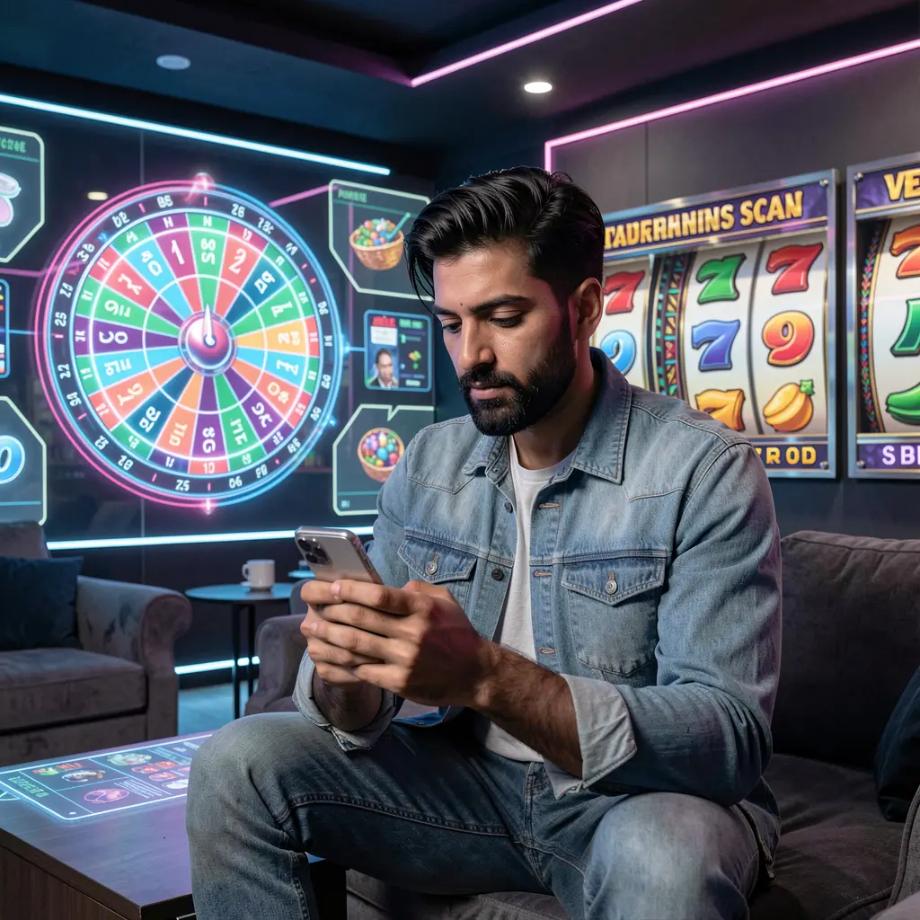 Modern Pakistani man using the ER8888 casino app with a glowing roulette wheel in the background showcasing immersive mobile gaming