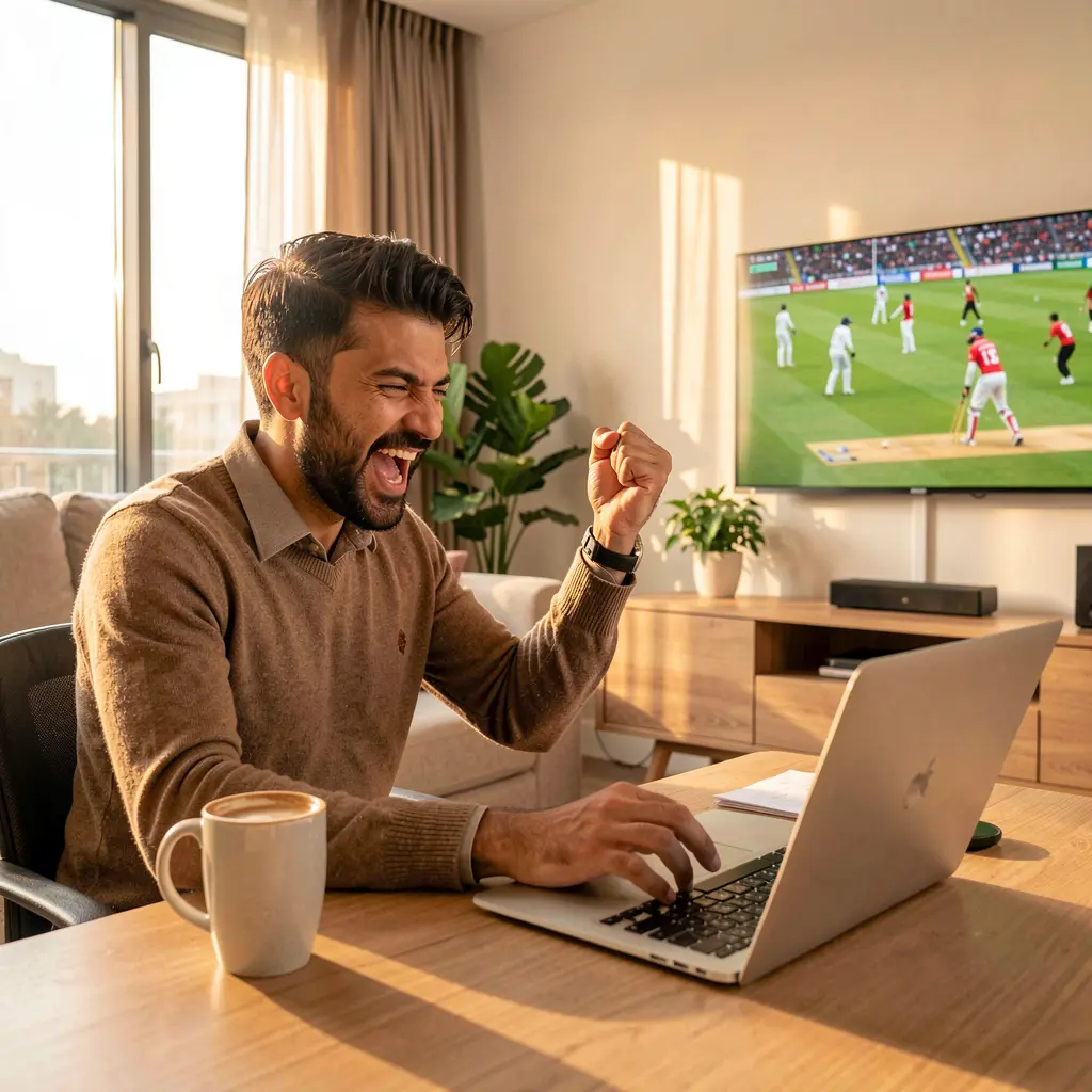 Excited Pakistani sports fan celebrating a winning bet on his laptop while watching a live cricket match on TV using the ER8888 betting platform