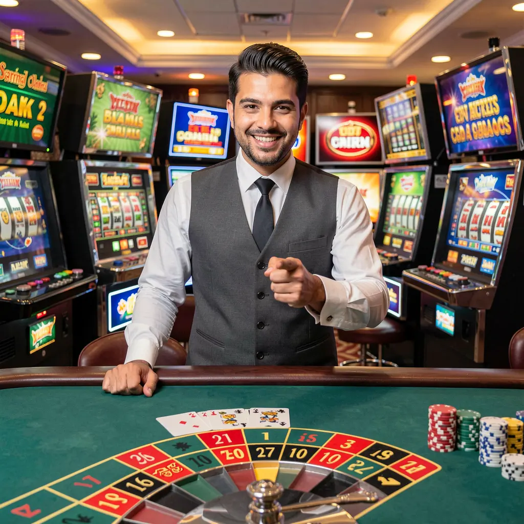 Smiling live casino dealer from Pakistan pointing forward at a roulette table inside the ER8888 casino environment symbolizing trusted login